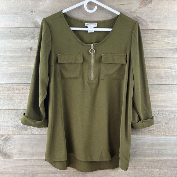 Rebecca Malone Womens Blouse 3/4 Sleeve Zip Neck Pockets Versatile Modern Large - Picture 1 of 6